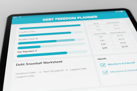 Digital debt freedom planner on laptop screen with colorful payoff progress charts and budget summary